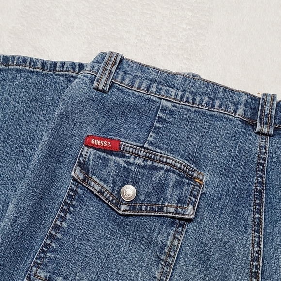 Vintage 90s Guess Stretch Fit Low Rise Mid Wash Flare Extra Pocket Cargo Jeans - Picture 9 of 10